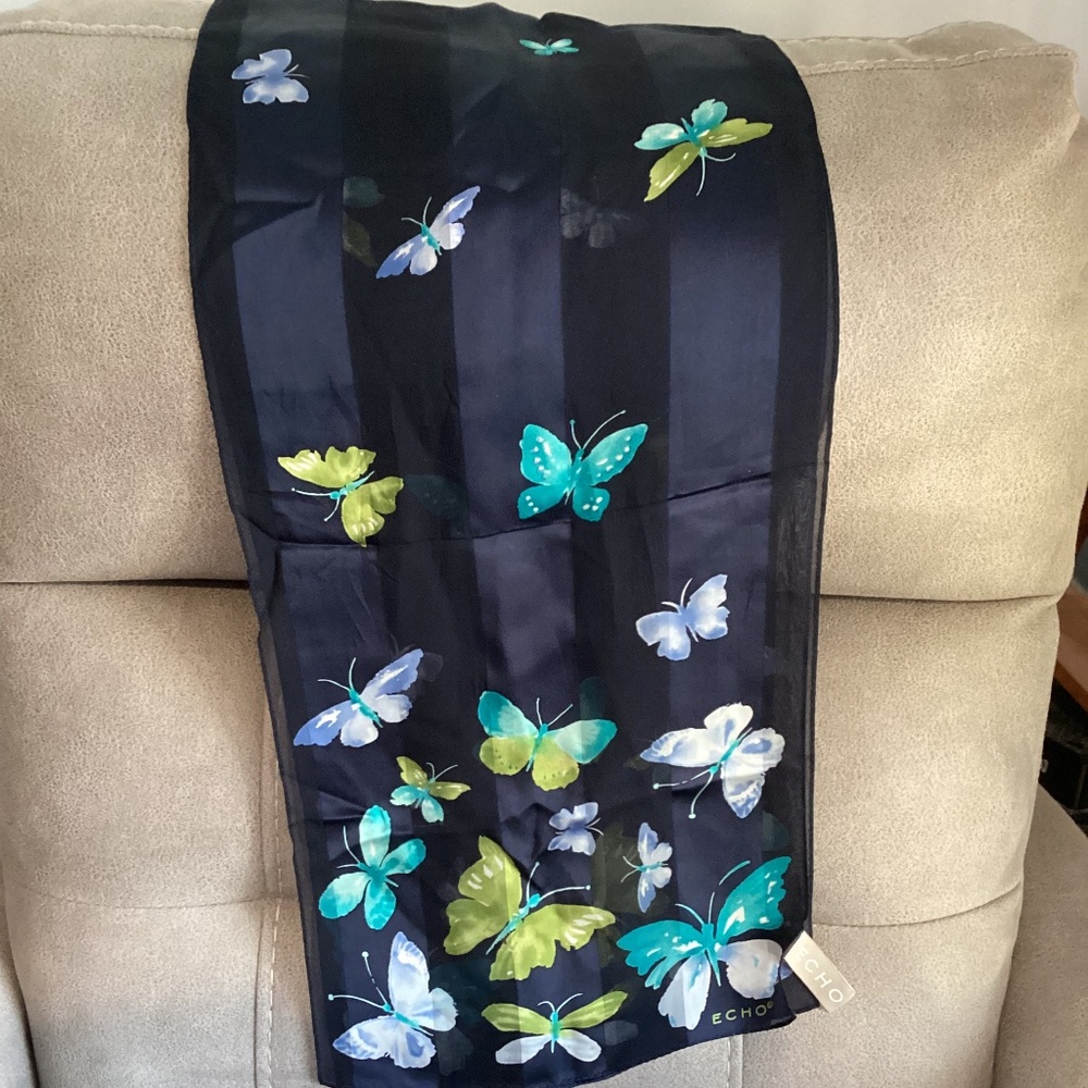 Echo silk navy green butterfly scarf New no tag